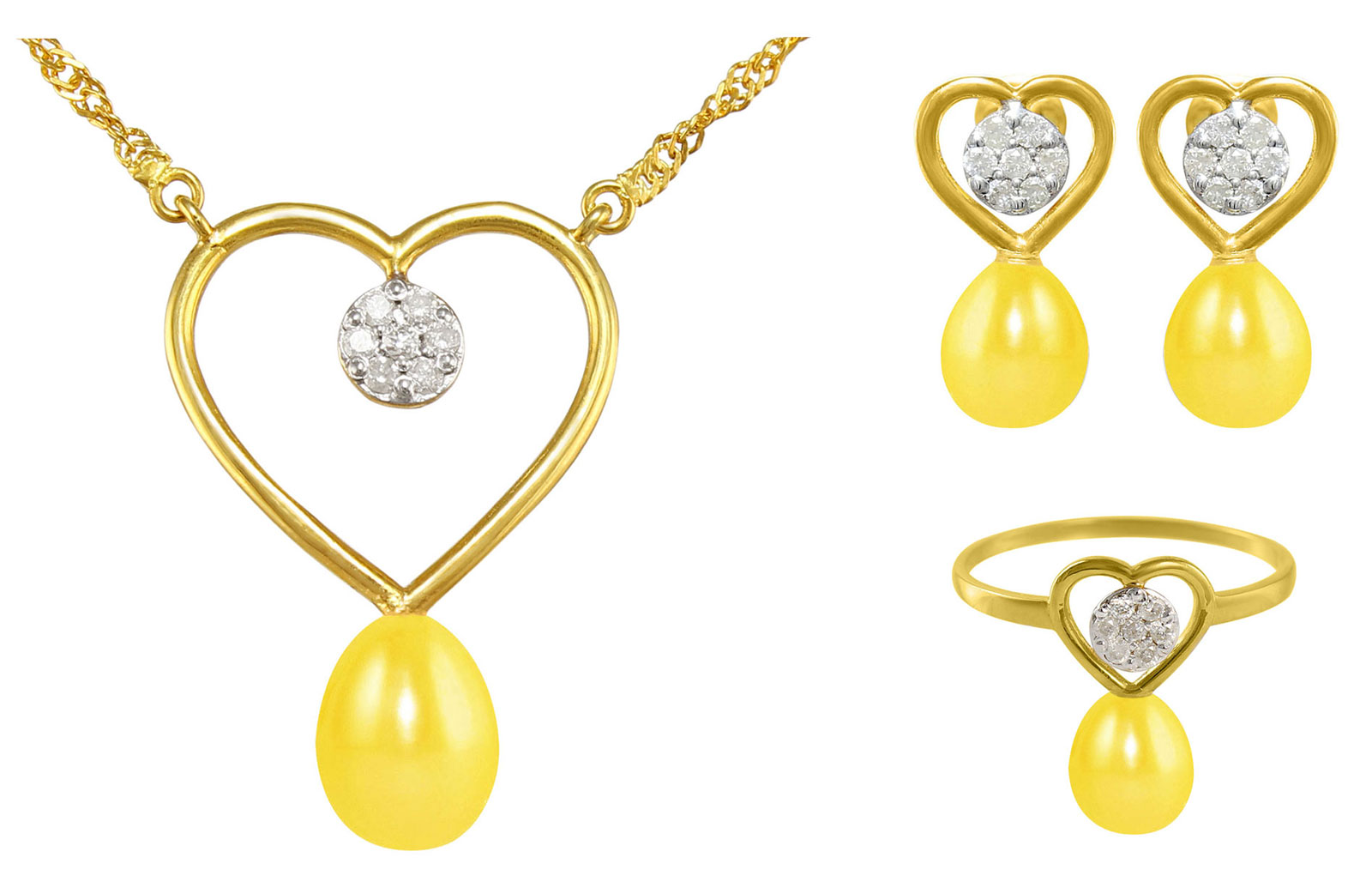 VP Jewels: 18k Solid Gold Diamonds 7mm Yellow Pearls Solitaire Heart Earrings, Ring and Necklace Set